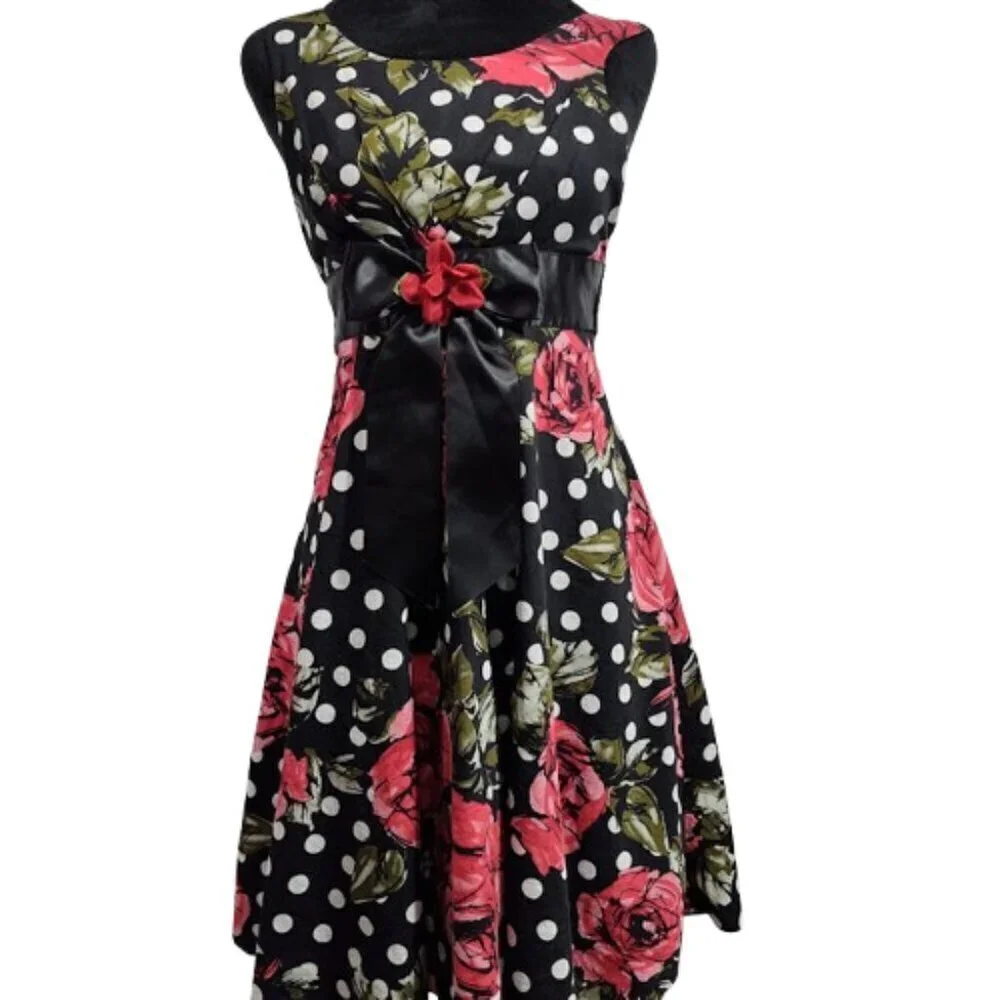 Bonnie Jean Junior Girls Size 12 Black & White Polka Dot Dress with Rose